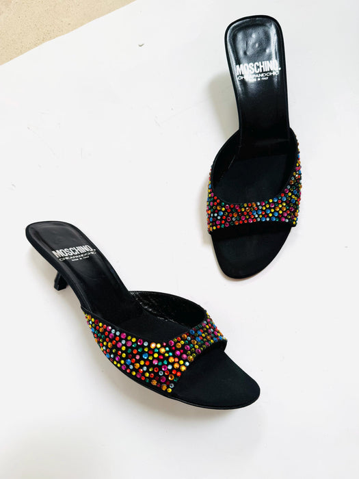 Vintage 00s Y2K Moschino Black Rainbow Crystal High Heels Slides Size 38 B Kitten High Heel High heels Slides Rhinestone Heel Shoes 7.5-8