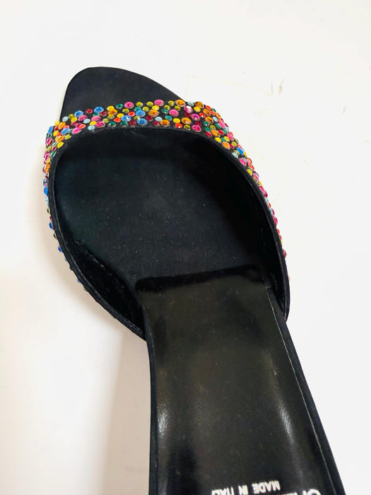 Vintage 00s Y2K Moschino Black Rainbow Crystal High Heels Slides Size 38 B Kitten High Heel High heels Slides Rhinestone Heel Shoes 7.5-8