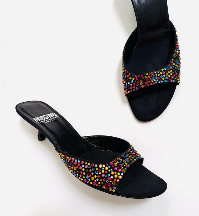 Vintage 00s Y2K Moschino Black Rainbow Crystal High Heels Slides Size 38 B Kitten High Heel High heels Slides Rhinestone Heel Shoes 7.5-8