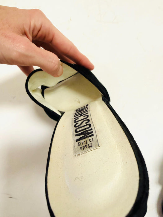 Vintage  90s 00s Moschino Black High Heels Slides Size 38 B  Silver Heart Shoes Chunky High Heel High heels Slides Heel Shoes 7.5-8