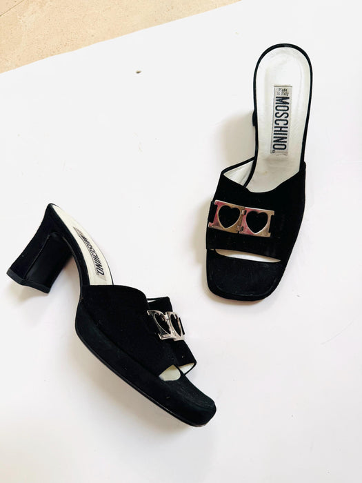 Vintage  90s 00s Moschino Black High Heels Slides Size 38 B  Silver Heart Shoes Chunky High Heel High heels Slides Heel Shoes 7.5-8