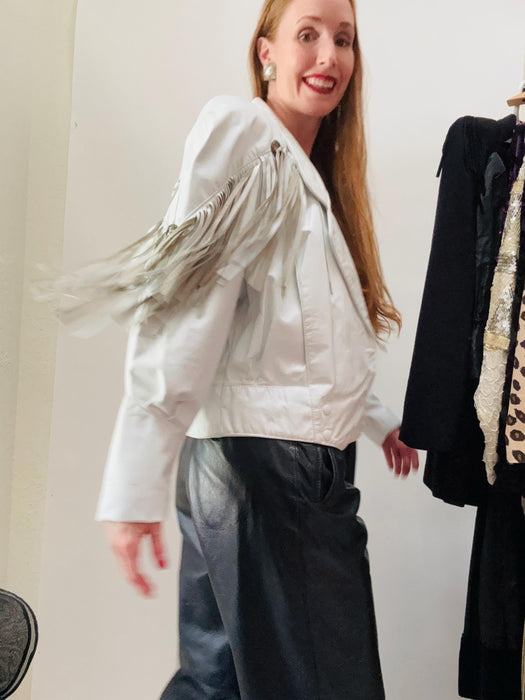 80s 90s Vintage White Leather Fringe Jacket Leather Cowboy Cowgirl Western Motorcycle Biker boho Jacket Small Medium 80s 90s Leather Jacket