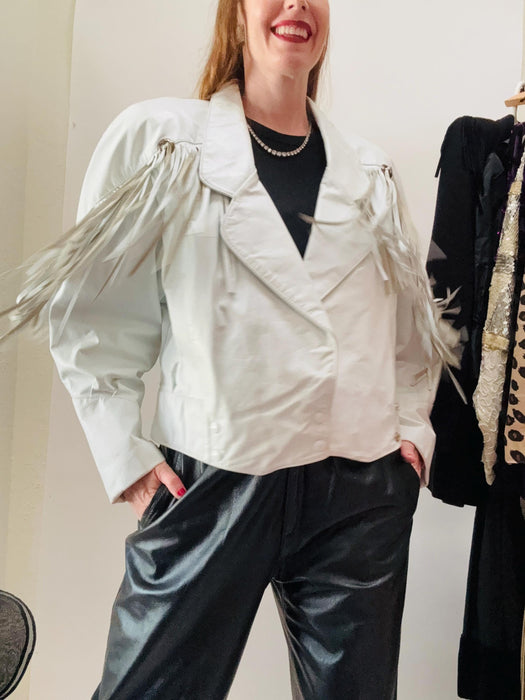 80s 90s Vintage White Leather Fringe Jacket Leather Cowboy Cowgirl Western Motorcycle Biker boho Jacket Small Medium 80s 90s Leather Jacket