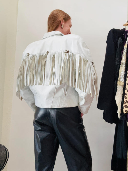 80s 90s Vintage White Leather Fringe Jacket Leather Cowboy Cowgirl Western Motorcycle Biker boho Jacket Small Medium 80s 90s Leather Jacket