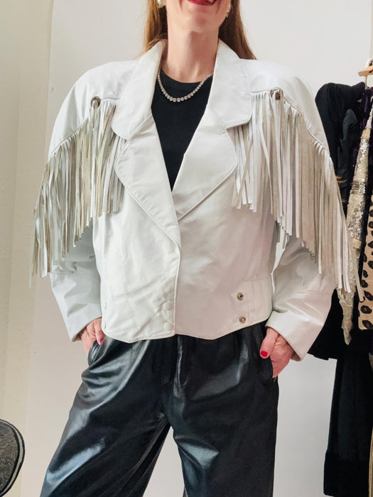 80s 90s Vintage White Leather Fringe Jacket Leather Cowboy Cowgirl Western Motorcycle Biker boho Jacket Small Medium 80s 90s Leather Jacket