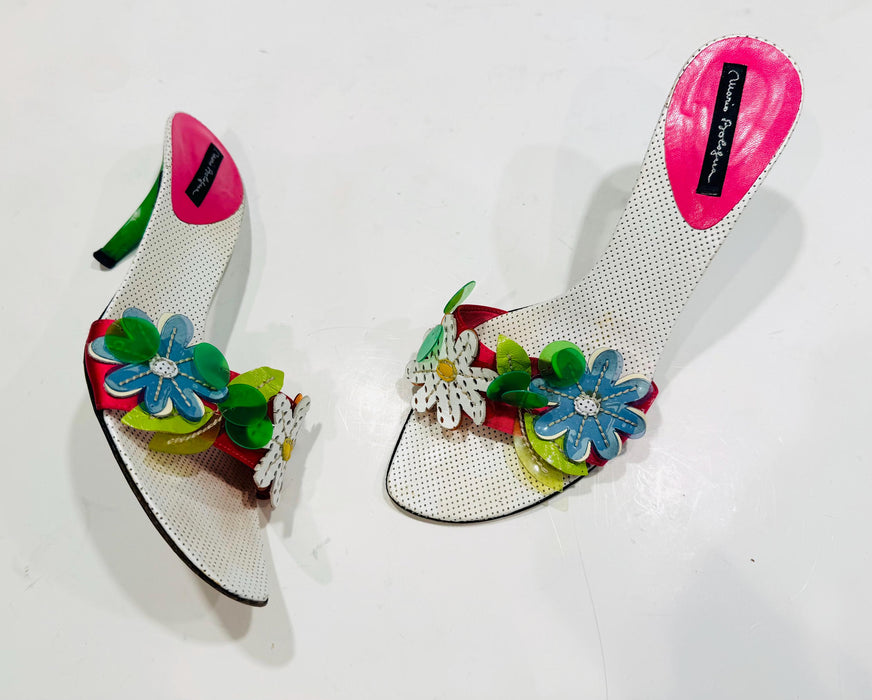 Vintage Y2k White Flower high Heels size 40 9 1/2 B  High Heels Size 40 Pink Green White Flower Heel Sandals Shoes Mario Bologna
