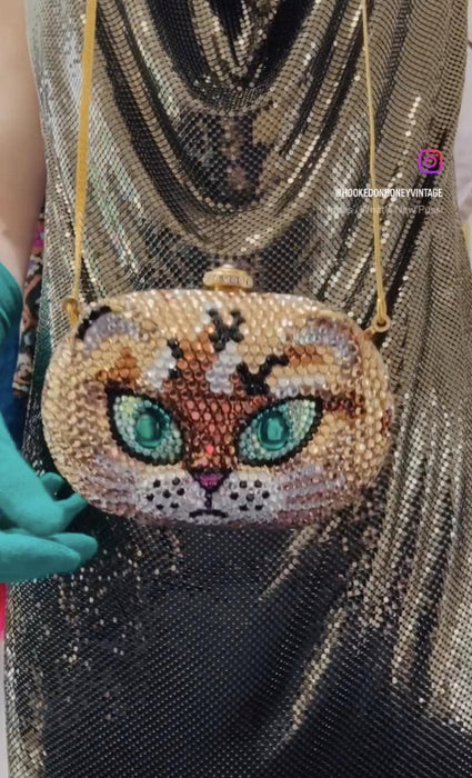 90s Vintage Cat Crystal Evening Bag Swarovski evening bag clutch Feline Cat Lover Crystal Minaudiere small Wedding Evening Bag K Baumann