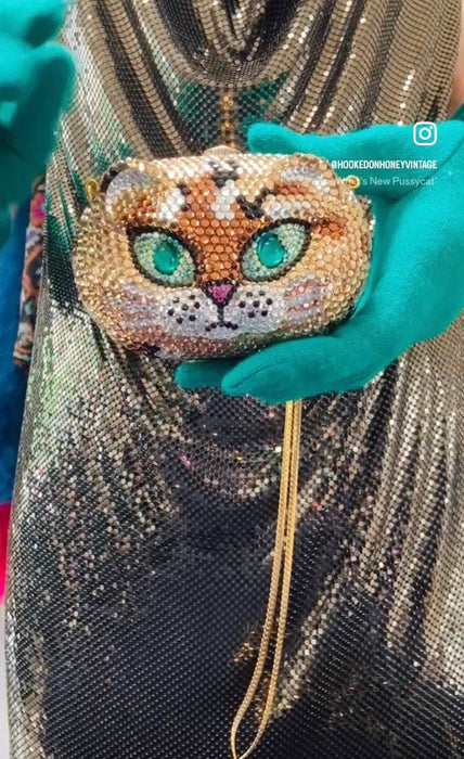 90s Vintage Cat Crystal Evening Bag Swarovski evening bag clutch Feline Cat Lover Crystal Minaudiere small Wedding Evening Bag K Baumann
