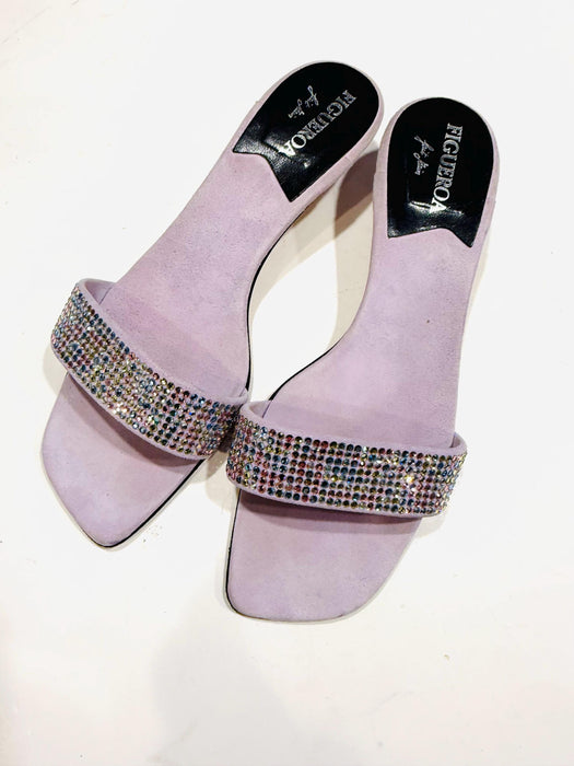 Vintage Y2k Purple Heels size 37 1/2 B  Figueroa Size 7 1/2 Purple Kitten High Heel Sandals Rhinestone Shoes Slides Wedding Metallic Purple