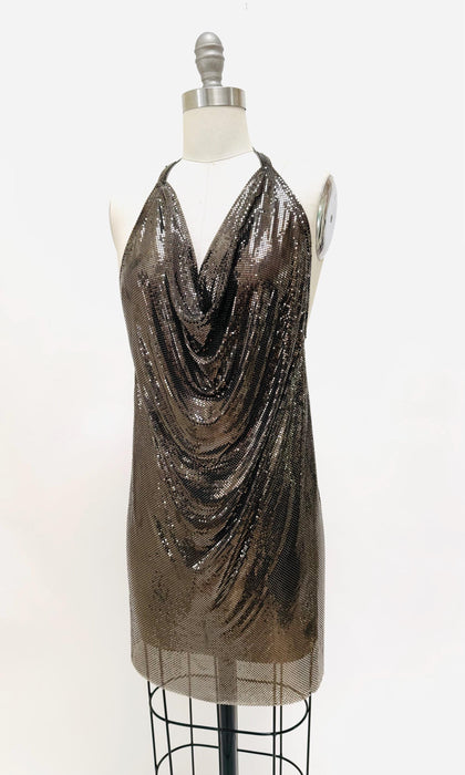 80s 90s Vintage Gunmetal Metal Mesh Dress Whiting & Davis Small Metallic Chainmail Halter Neck Dress Whiting and Davis Anthony Ferrara