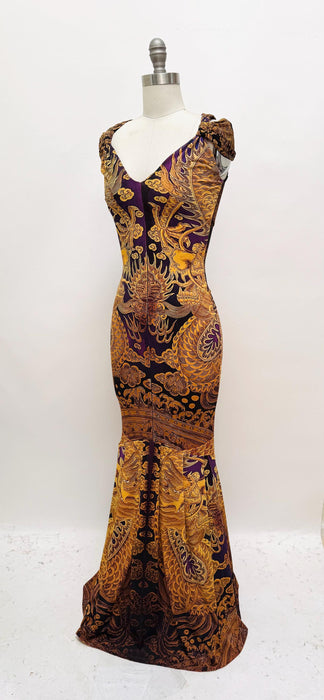 Vintage Y2K Roberto Cavalli Dress Long Knit Small // ROBERTO CAVALLI 2000s Sleeveless Long Dragon Baroque Print Dress Size 40 Small 2005