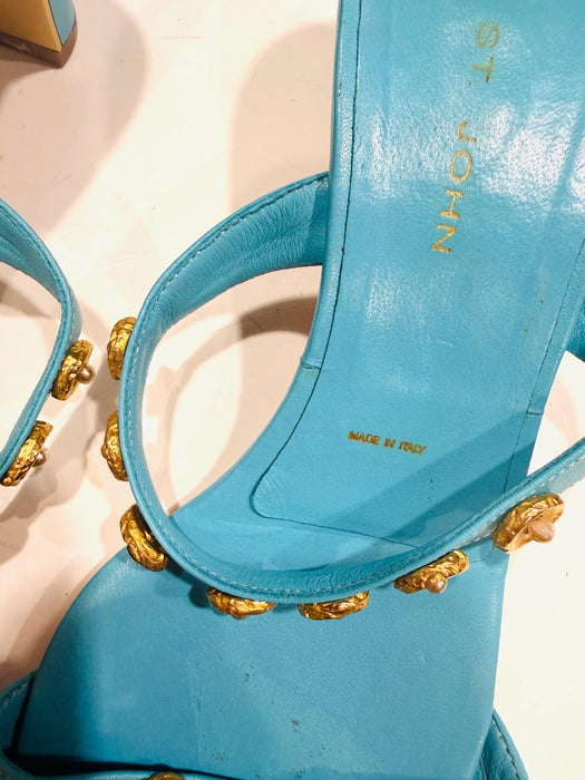 Vintage 90s St John high Heels size 9 1/2 B Teal Blue Strappy High Heels Size 9 Turquoise Gold High Heel Sandals Shoes Wedding Sandals Shoes