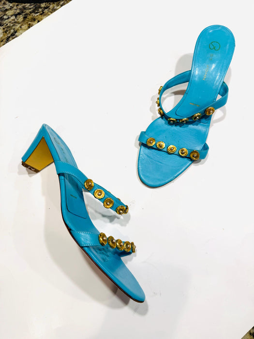 Vintage 90s St John high Heels size 9 1/2 B Teal Blue Strappy High Heels Size 9 Turquoise Gold High Heel Sandals Shoes Wedding Sandals Shoes