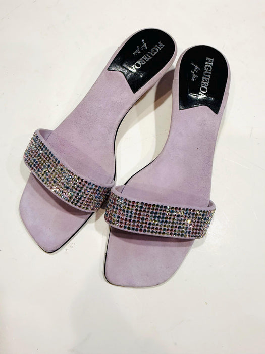 Vintage Y2k Purple Heels size 37 1/2 B  Figueroa Size 7 1/2 Purple Kitten High Heel Sandals Rhinestone Shoes Slides Wedding Metallic Purple